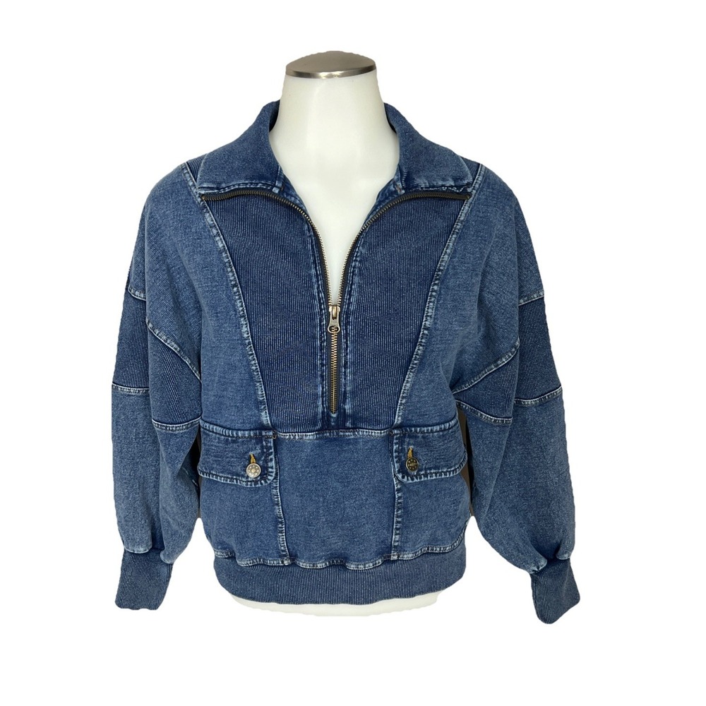 Anthropologie Sundays Denim-Wash Half Zip Pullover Womens 0 Fits S/M Stretch EUC